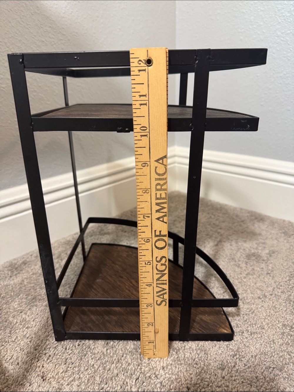 Two-Tier Corner Shelf with Black Metal Frame and Wood Tones - Picture 5 of 6